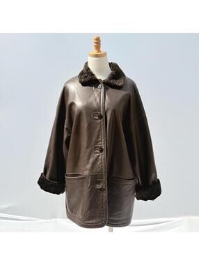 Vintage 90s Dark Brown Reversible Leather Sherpa Coat L / XL by Vakko